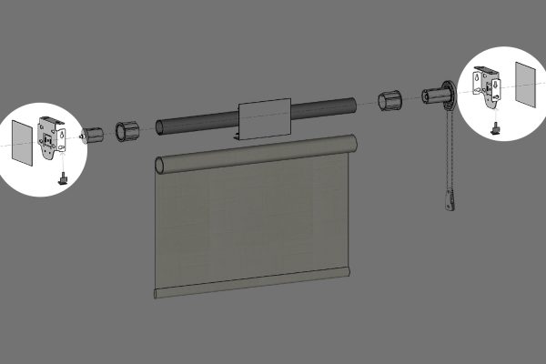 Exploded view of a Fabtex roller shade, 4" fascia system, highlighting the location of the 4" fascia bracket kit. The kit includes the bracket cover, bracket, and fascia clip.