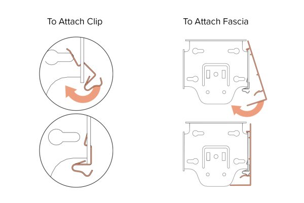 Instructional diagram on how to attach the Fabtex fascia clip into the bracket, and to attach the fascia into the fascia clip & bracket.