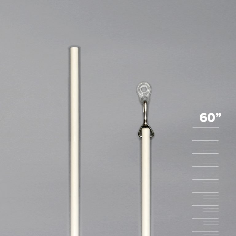White Fabtex 60" pull baton wand for drapery curtain. On one end is a D-ring, snap hook & adapter
