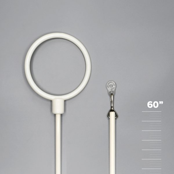 White Fabtex 60" ADA baton with loop for drapery curtain. On one end is a D-ring, snap hook & adapter