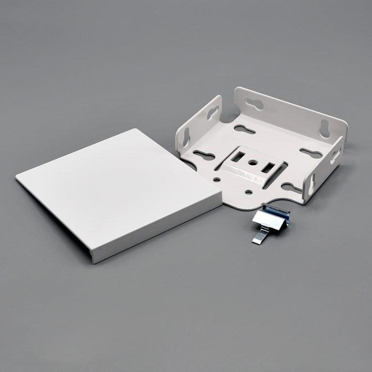 White Fabtex 5 inch Dual Bracket fascia roller shade system including bracket, bracket cover and fascia clip
