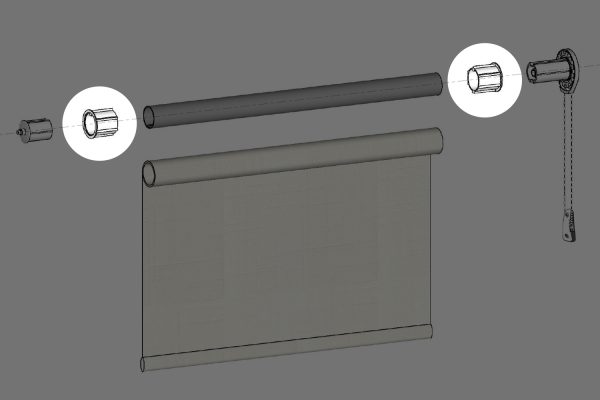 Exploded view of a Fabtex roller shade system, highlighting the location of the 2" or 2.5" tube adapter.