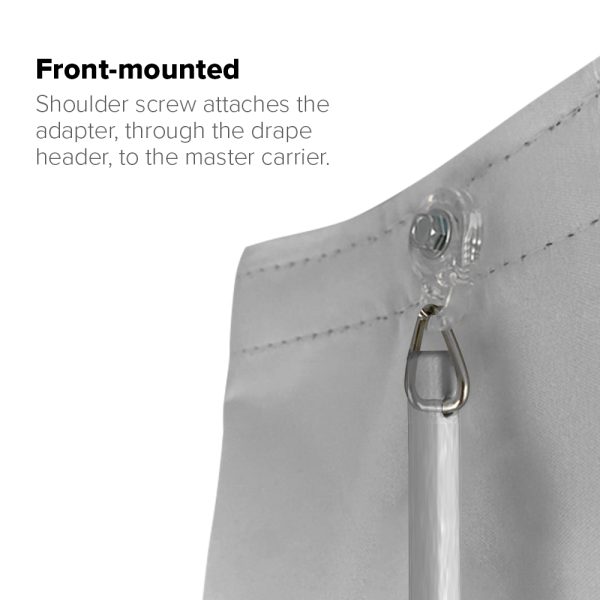 A clear Fabtex drapery baton is front-mounted into the drapery header via an adapter