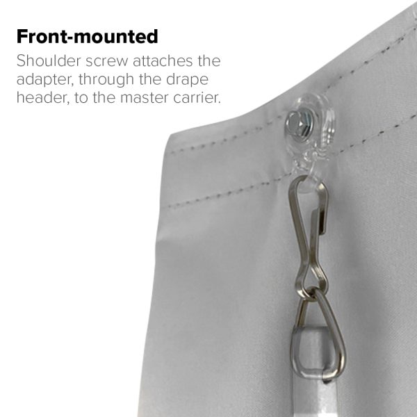 A Fabtex clear drapery baton that is front mounted into a master carrier. Here, the adapter is screwed, through the drapery header and into the master carrier, via a hex head shoulder screw.