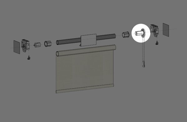 Exploded view of Fabtex Roller Shade components, highlighting the 1.5" tube clutch