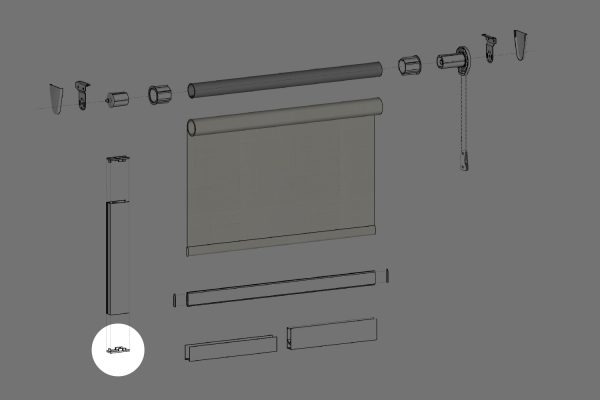 Exploded view of a Fabtex roller shade, highlighting the location of the side channel base end cap.