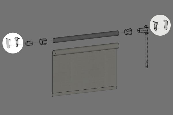 Exploded view of a Fabtex roller shade, non-fascia system, highlighting the location of the non-fascia bracket kit. The kit includes the 2" bracket cover and 2" ribbed bracket.
