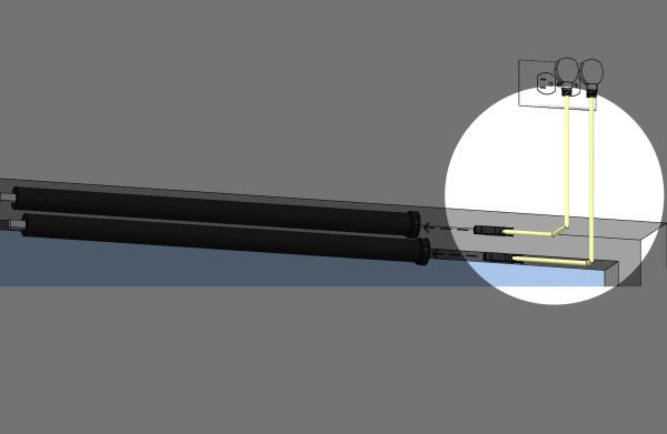 Exploded view of Fabtex plug-in motor, highlighting the quick disconnect cord connecting the motor to the NEMA plug.