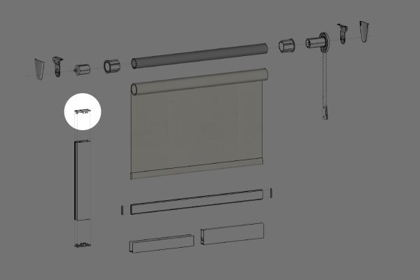 Exploded view of a Fabtex roller shade, highlighting the location of the side channel top end pass.