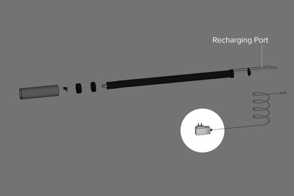 Exploded view of Fabtex roller shade motor, highlighting the recharging port and wall charger