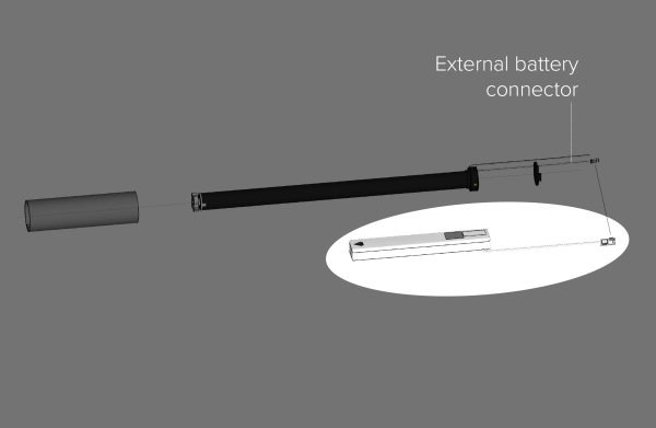 Exploded view of the Fabtex ML-280SC highlighting its external battery connector and external battery tube.