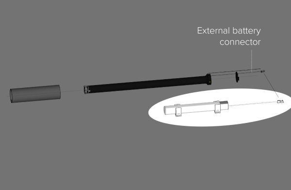 Exploded view of Fabtex ML-280SC motor, highlighting its external battery connector and the rechargeable external battery that connects to it.
