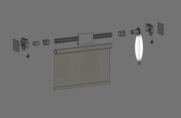 Exploded view of Fabtex Roller Shade components, highlighting the ball chain in a clutch-driven shade.