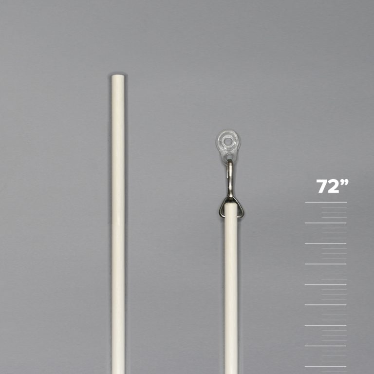 White, 72 inch Fabtex drapery curtain baton. One end shows a D-ring, snap hook and adapter.