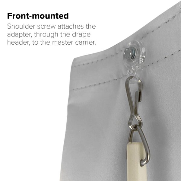 A Fabtex white drapery baton that is front mounted into a master carrier. Here, the adapter is screwed, through the drapery header and into the master carrier, via a hex head shoulder screw.